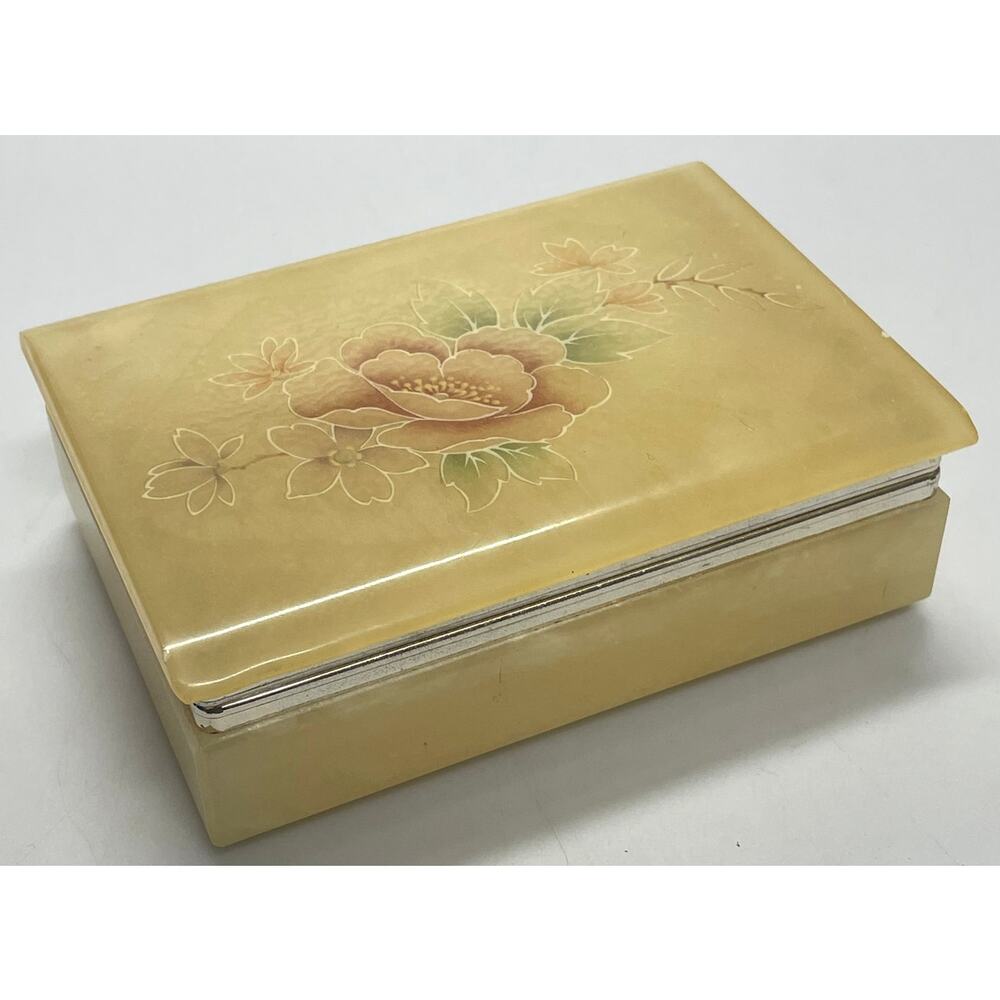 Genuine Alabaster Vintage 1950's Floral Design Jewelry Box